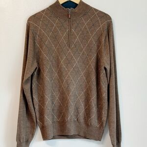 Peter Millar Men’s Merino Wool 1/4 Zip Argyle Sweater Size Medium Brown Preppy